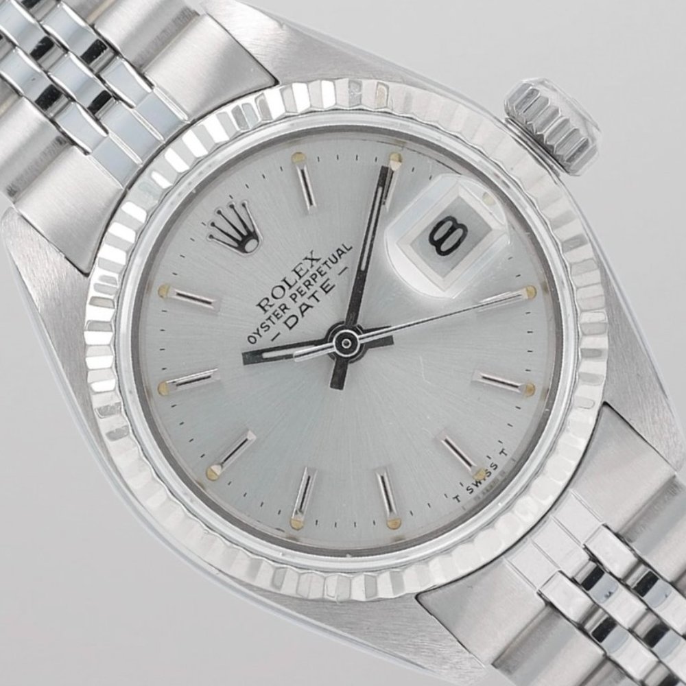 Rolex Ladies Date 26mm Steel Silver Index Dial Fluted Bezel Jubilee Band 6917